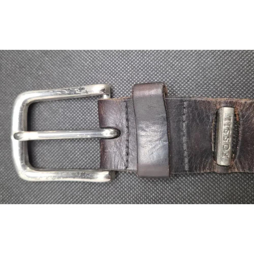 Fossil Men's Vtg Distressed Thick Cowhide Leather Belt Dark Brown Sz 38 - 1.5